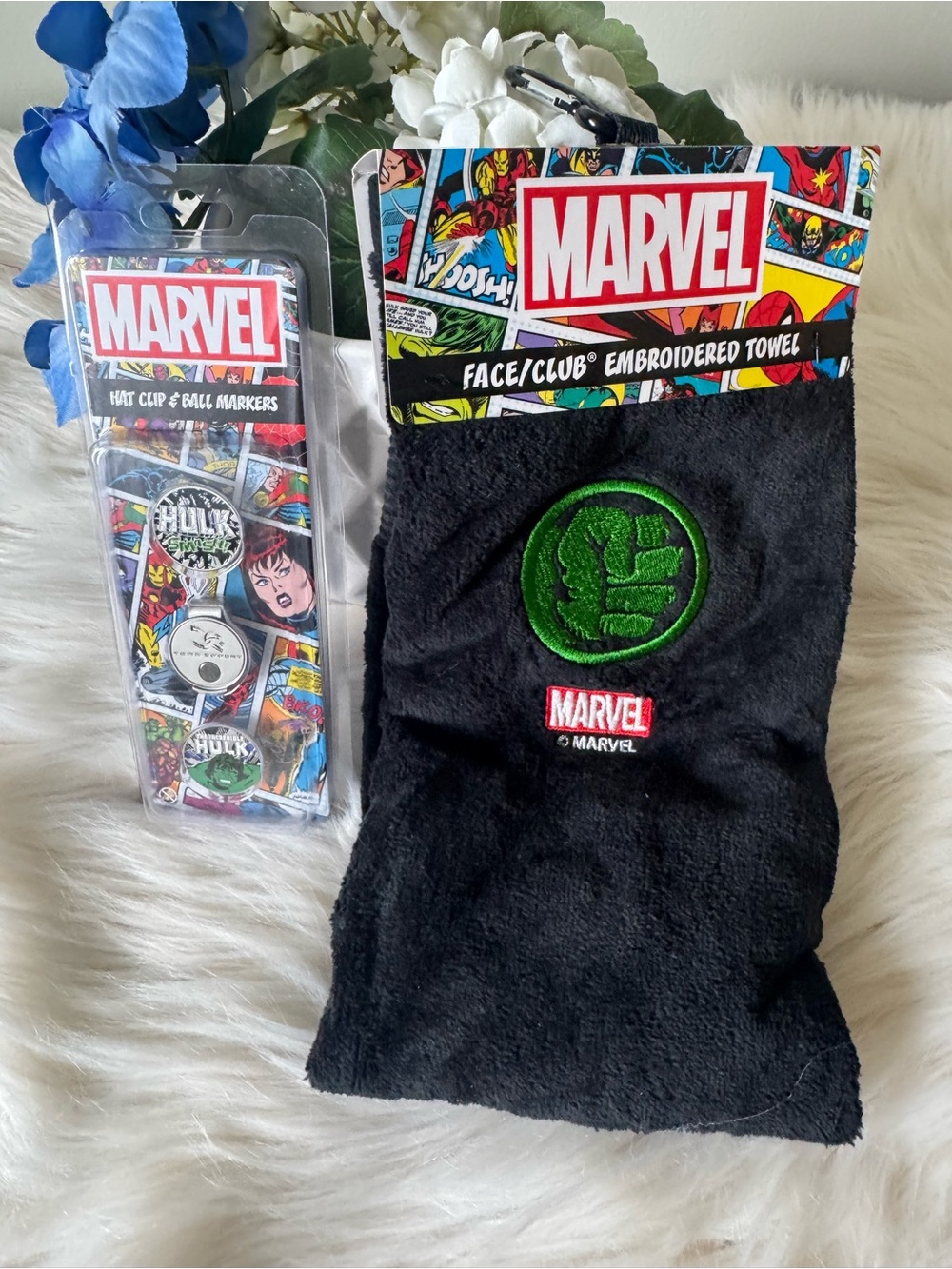 Marvel Black Golf Towel with Green Hulk Emblem & Hat Clip & Golf Ball Markers